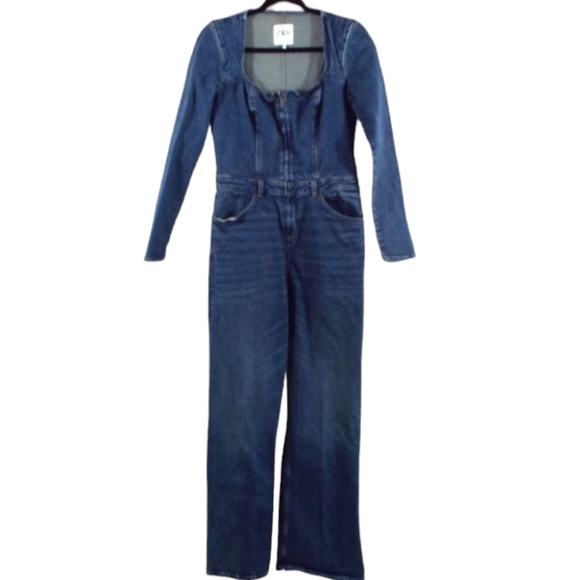 Zara Blue Denim Zippered Seamed Square Neck Long Sleeve Jumpsuit Size Large - Picture 7 of 14